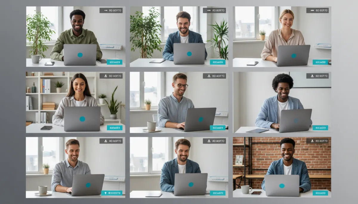 professional photorealistic scene of a diverse remote team on a video call, laptops open on clean desks, subtle cyan blue (#00adee) interface accents and grey (#6d6f70) background elements, modern home offices and coworking spaces visible in grid view