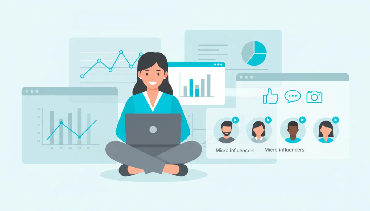 digital marketing style flat illustration of a small business owner at a laptop surrounded by cyan blue #00adee and grey #6d6f70 UI panels showing analytics charts, social media icons, video play buttons, and micro-influencer avatars, clean vector design