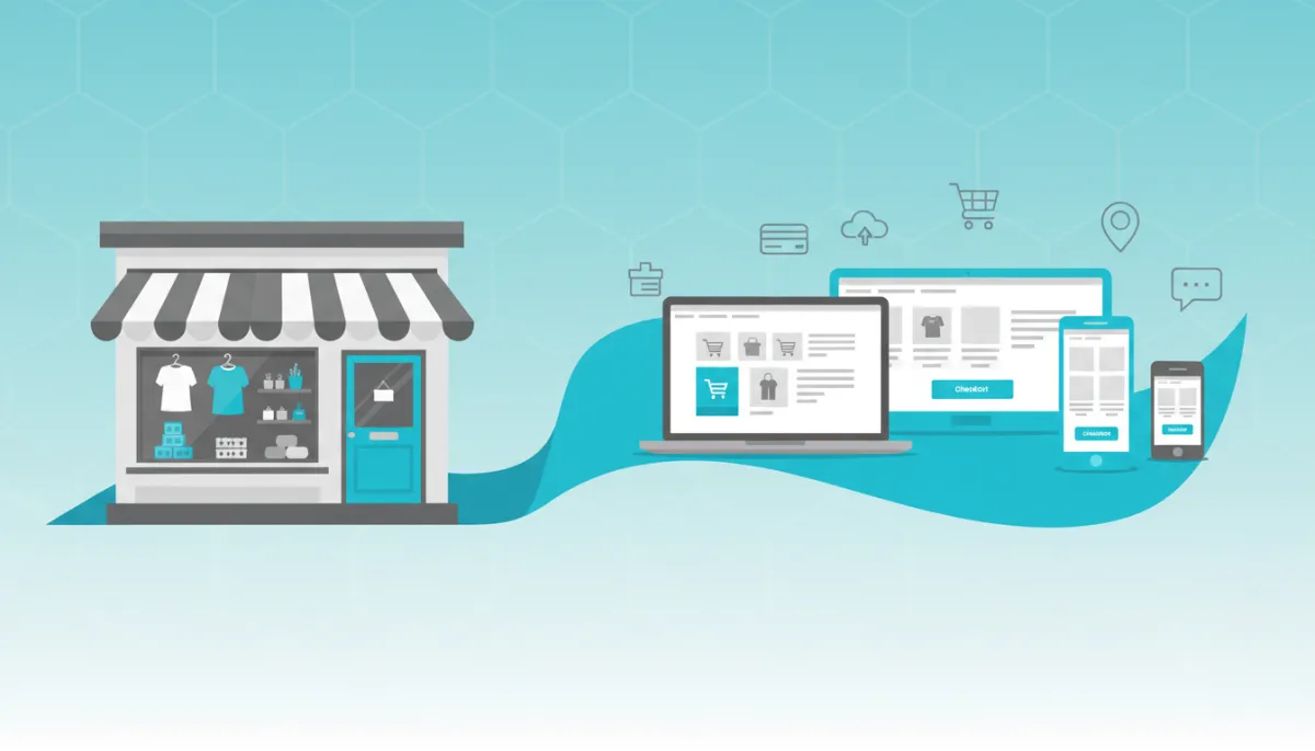 professional flat illustration of a traditional high-street shop seamlessly connected to an online store interface with laptops, tablets, and smartphones, using cyan blue (#00adee) and grey (#6d6f70) brand colours, clean modern layout, subtle business icons