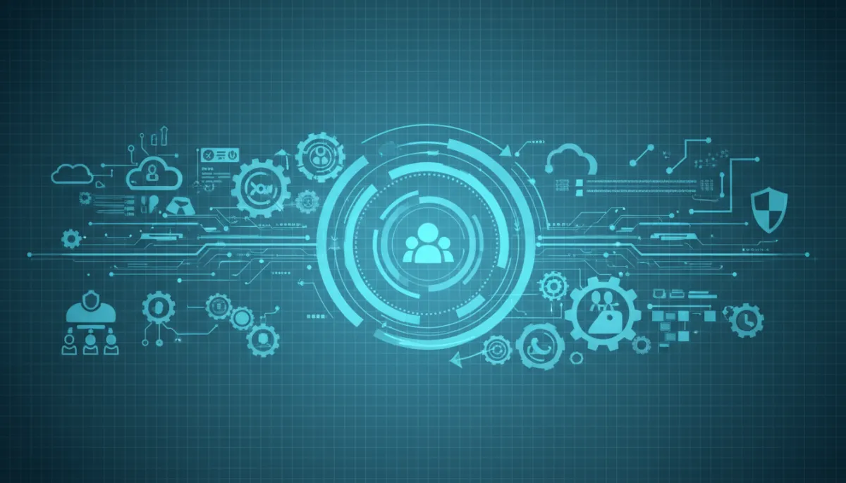 professional automation/technology concept illustration of interconnected business icons, gears and workflow diagrams in cyan blue (#00adee) and grey (#6d6f70), subtle grid background, clean and modern