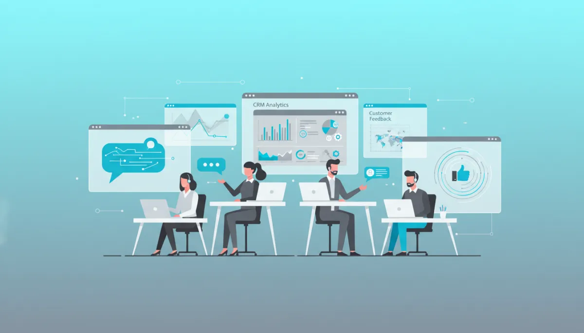 professional flat-style illustration of a small business customer service team supported by screens showing AI chatbots, CRM dashboards, and customer feedback analytics, using cyan blue (#00adee) and grey (#6d6f70) as primary brand colours