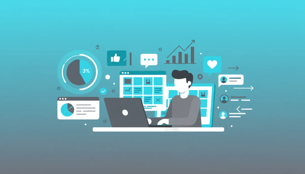 professional social media strategy style flat illustration of a small business owner reviewing a social media content calendar on a laptop, analytics charts and engagement icons around, using cyan blue (#00adee) and grey (#6d6f70) as primary colors