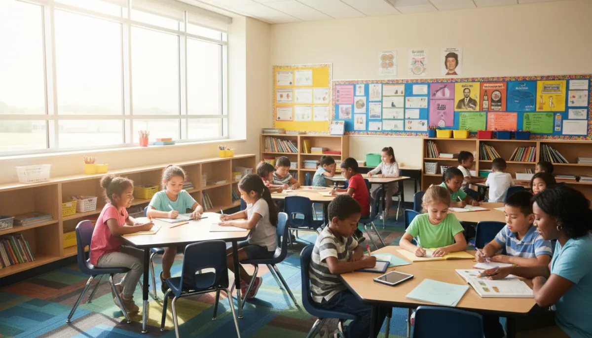 A photorealistic, high-quality image of a modern Dallas public school classroom filled with diverse elementary-aged students engaged in collaborative group work at their desks. A teacher is actively assisting a small group, creating a warm, inclusive atmosphere. Natural sunlight streams in through large windows, illuminating educational posters on the walls and organized shelves with books and learning materials. The setting reflects a clean, welcoming environment typical of a well-resourced Dallas ISD classroom, with no text, logos, or watermarks visible.
