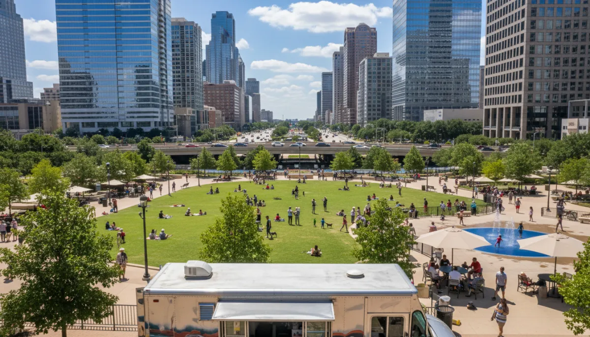 Ultra-realistic late afternoon street-level view of Reunion Tower and downtown Dallas high-rises Ultra-realistic late afternoon street-level view of Reunion Tower and downtown Dallas high-rises