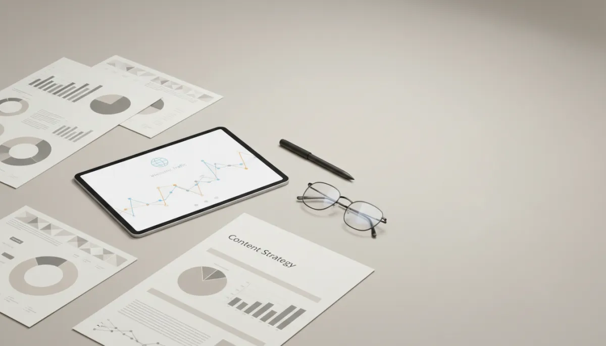 Printed content strategy documents and analytics charts laid out on a desk