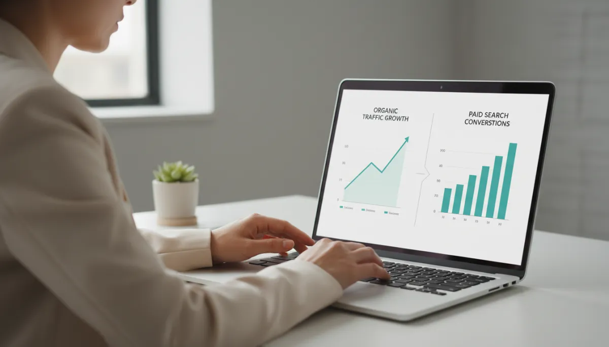 Marketer analyzing combined SEO and search marketing performance charts on laptop