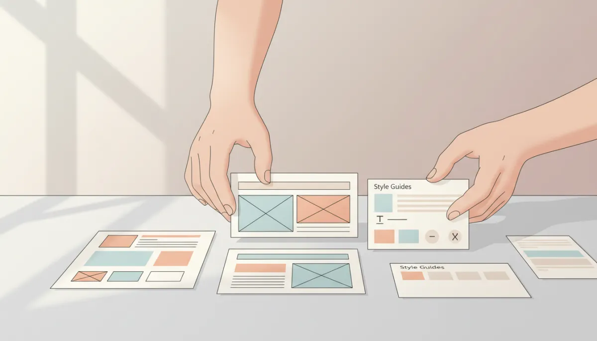 Designer arranging website wireframes and style guides on a desk Designer arranging website wireframes and style guides on a desk