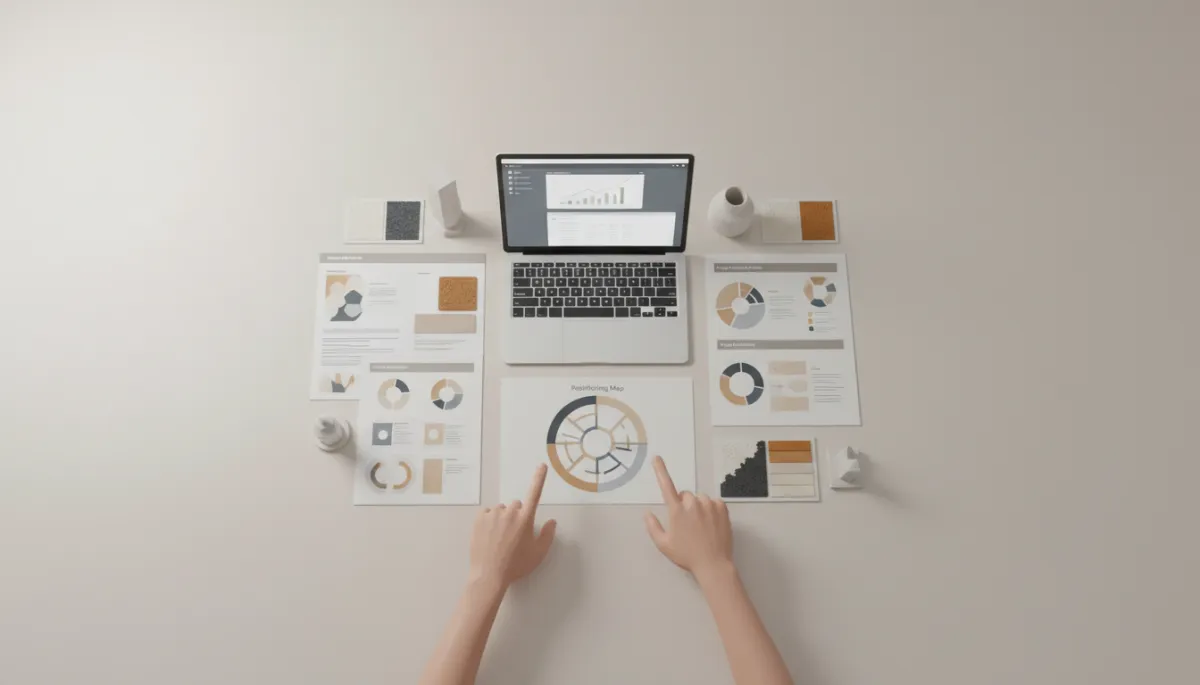 Team reviewing brand strategy documents and positioning map on a desk