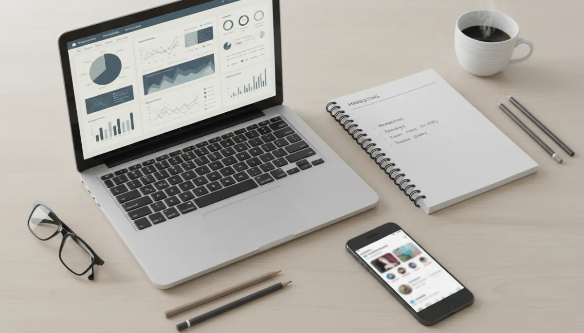 Digital marketing tools including analytics dashboard, notes, and social media planning on a desk Digital marketing tools including analytics dashboard, notes, and social media planning on a desk