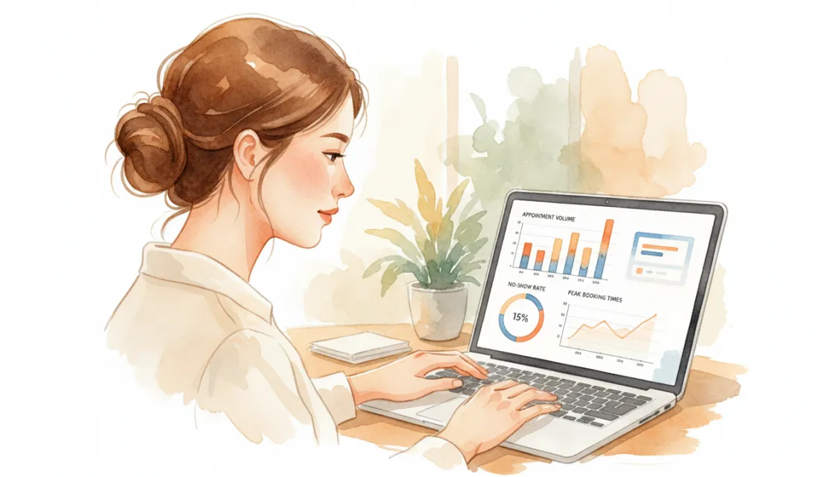 Business owner reviewing AI appointment system analytics dashboard Business owner reviewing AI appointment system analytics dashboard