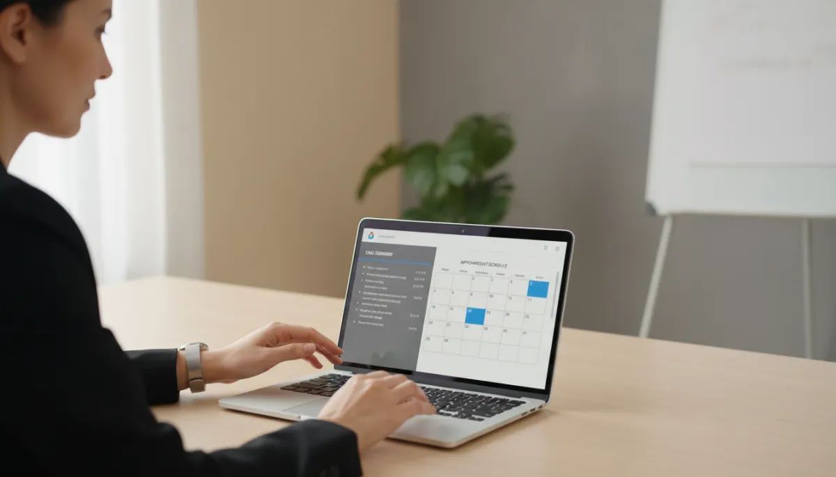 Business owner reviewing AI receptionist call summaries and bookings on a laptop
