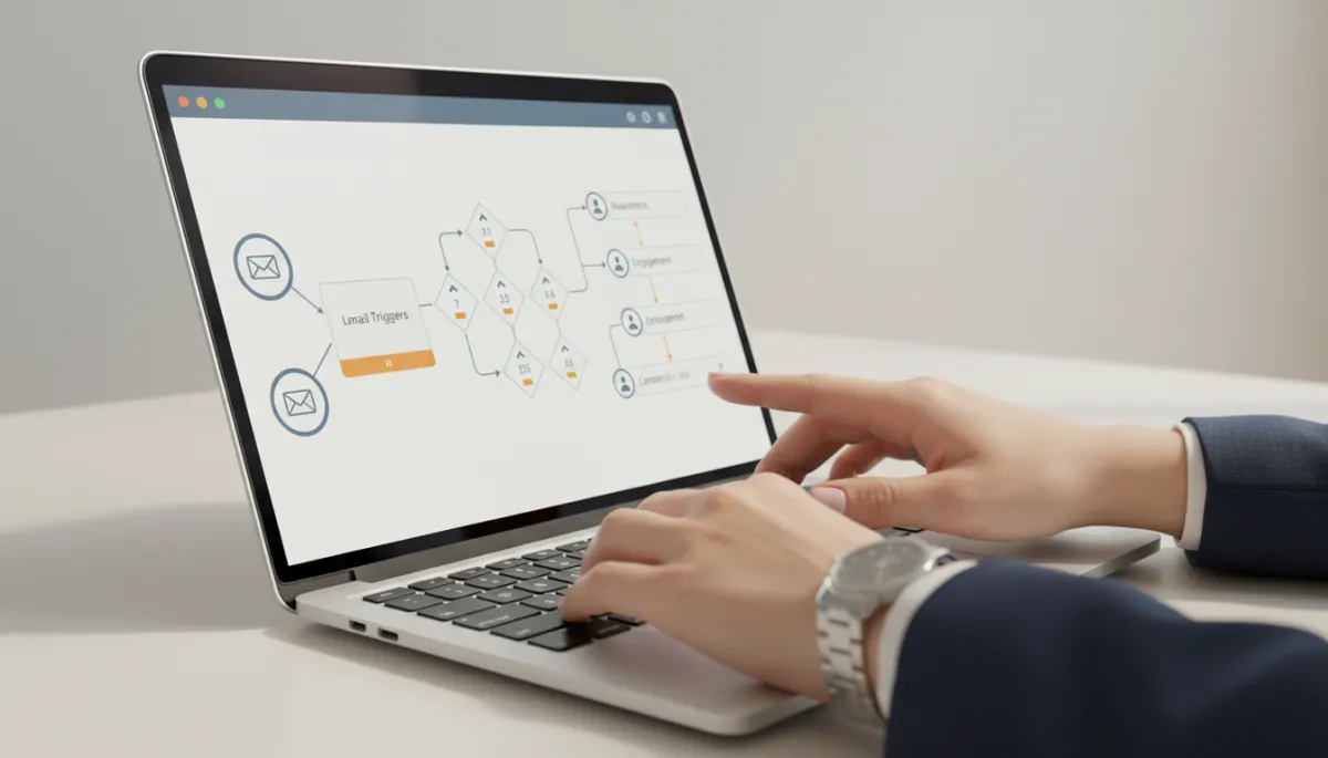 Marketer adjusting a visual marketing automation workflow on a laptop