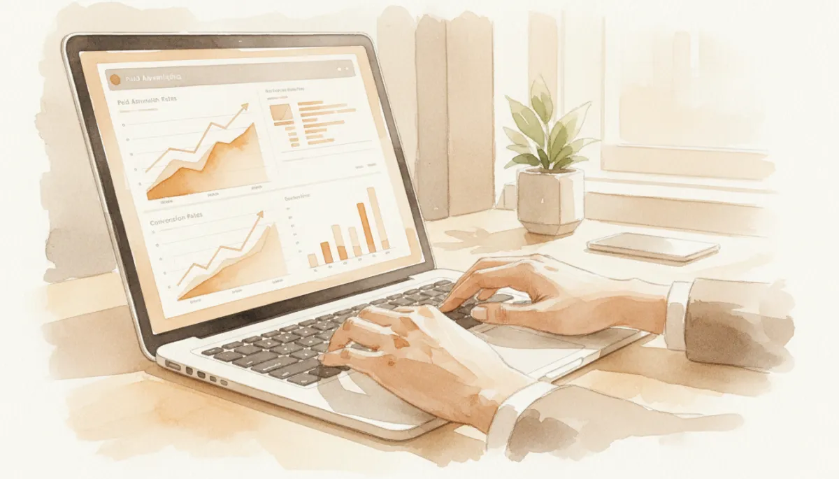 Professional reviewing paid advertising dashboards with improving performance metrics Professional reviewing paid advertising dashboards with improving performance metrics