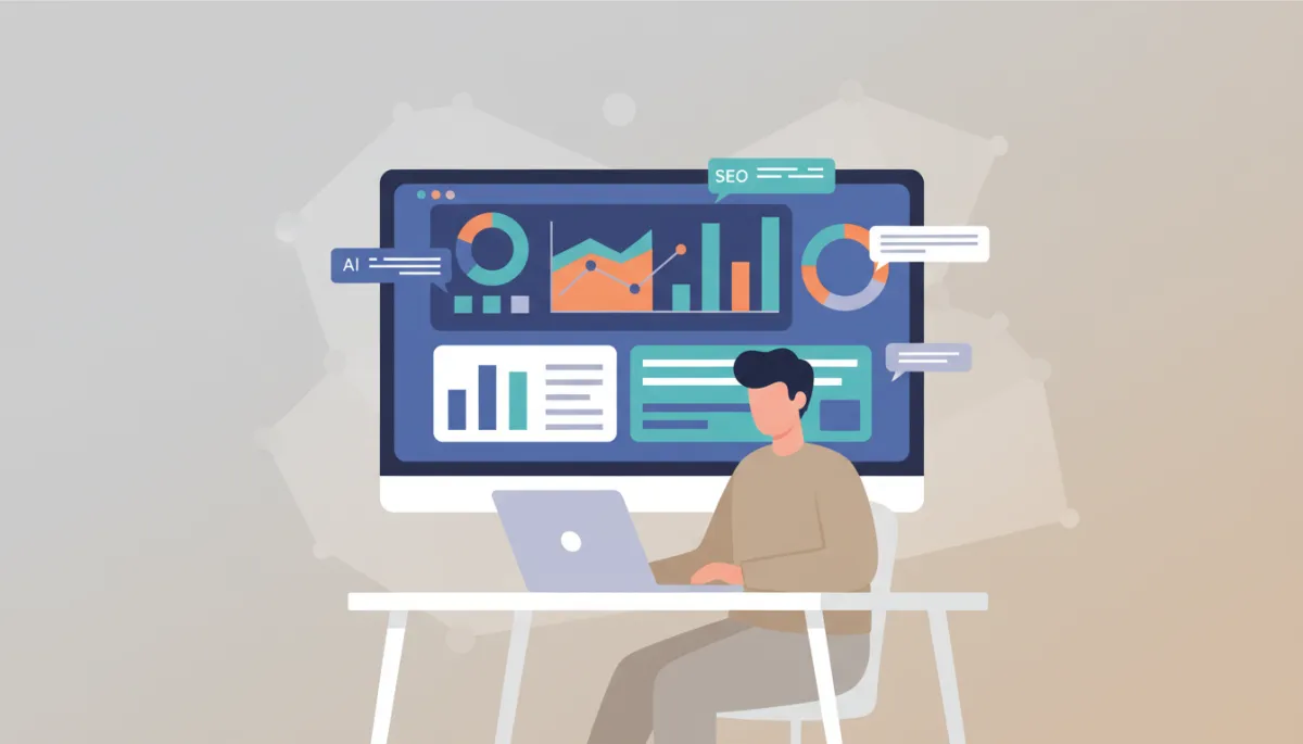 professional, neutral-toned office setting with a marketer reviewing SEO analytics on a laptop while an AI-powered dashboard with charts and keyword data is displayed on a large monitor in the background