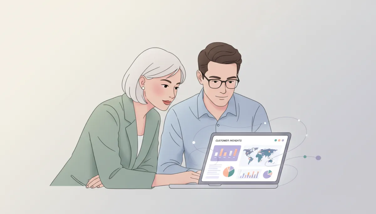 professional neutral-toned office scene with a small business owner and marketing consultant reviewing an AI-powered analytics dashboard on a laptop, subtle charts and customer insights visible, soft natural lighting, clean and modern composition