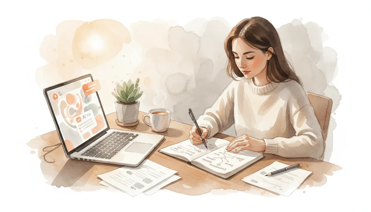 professional photorealistic neutral-toned workspace with a laptop showing an AI writing assistant on screen, a notepad with handwritten content ideas, and a focused writer planning an article outline
