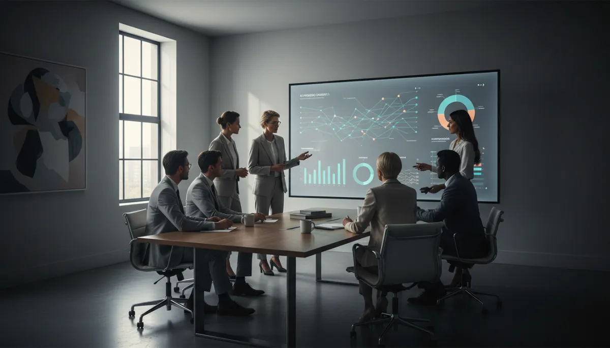 professional neutral-toned office setting with a marketing team gathered around a large screen displaying analytics dashboards and AI-powered insights charts, soft natural light, modern minimalist decor