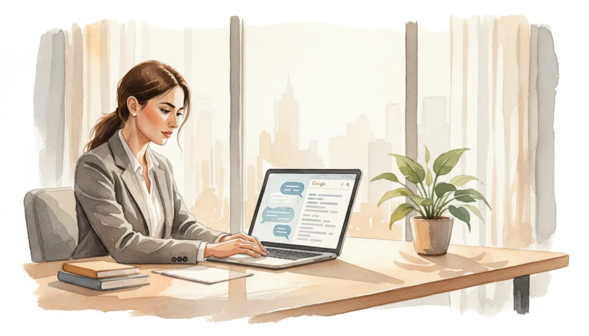 professional, neutral-toned office setting with a business owner reviewing analytics on a laptop, split screen showing a conversational AI search interface on one side and a classic Google-style results page on the other, soft daylight, clean and modern composition