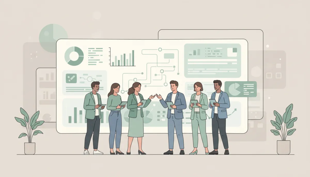 professional neutral-toned office scene with marketing team gathered around a large screen showing AI analytics dashboards, charts, and campaign metrics; calm lighting, modern workspace, diverse professionals in discussion