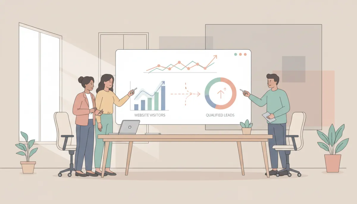 professional neutral-toned office setting with marketing team reviewing AI-powered analytics dashboard on large screen, charts showing website visitors turning into leads, clean modern workspace, soft natural light