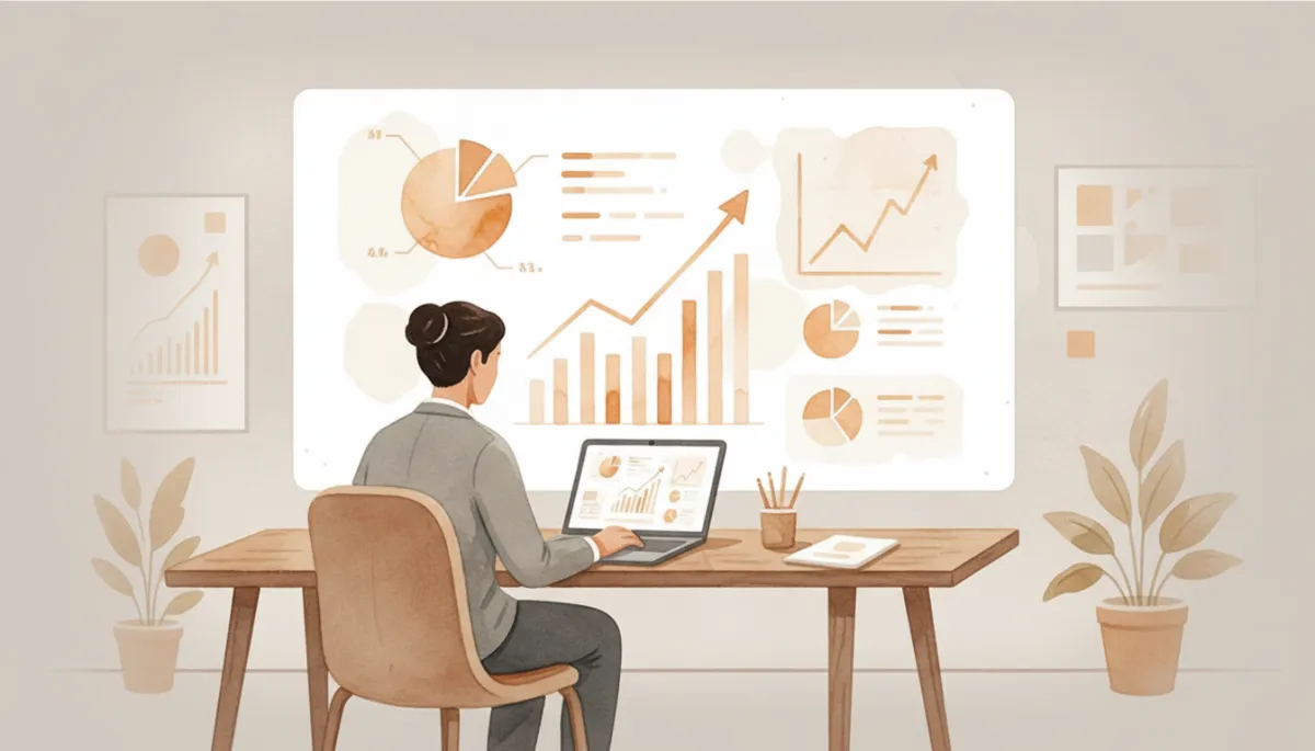 professional neutral-toned office setting with a marketer reviewing analytics on a laptop while an AI-powered dashboard is projected on a wall screen, subtle graphs and campaign metrics visible, calm and focused atmosphere, professional style
