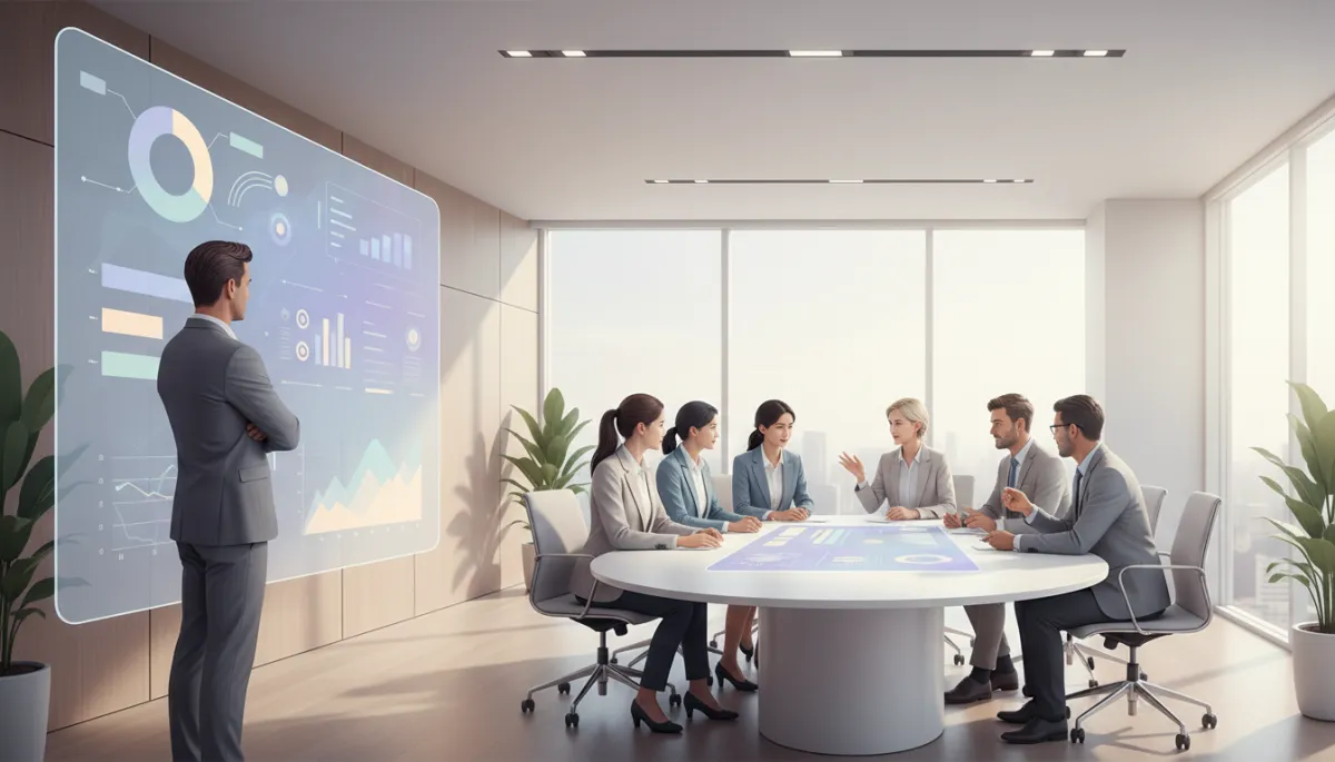 professional neutral-toned modern office with a business leader reviewing an AI analytics dashboard on a large screen, diverse team collaborating around a conference table, calm lighting and clean design