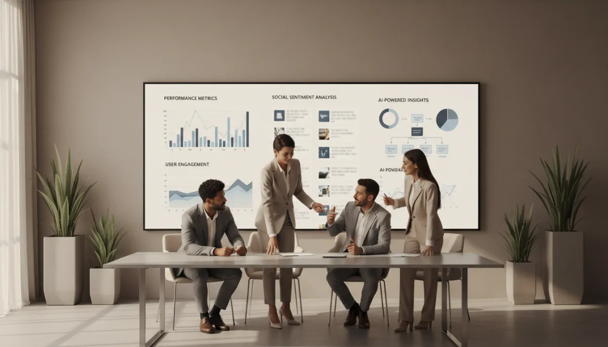 professional neutral-toned modern marketing team collaborating around a large screen displaying AI-driven content dashboards, charts, and social media posts; soft natural light, minimal office decor, muted beige and gray palette