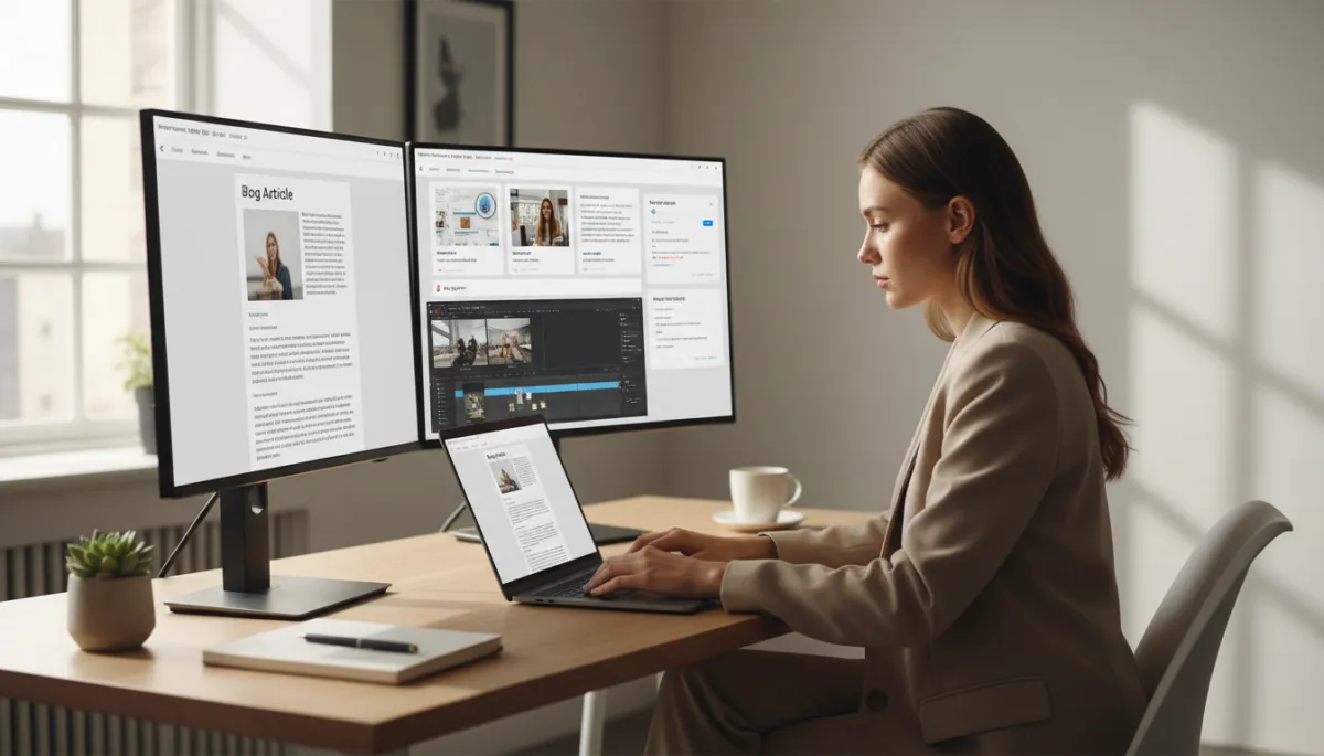 professional neutral-toned workspace with a marketer at a laptop, multiple screens showing an article being transformed into social posts, emails, and video scripts, soft daylight, calm and organized atmosphere