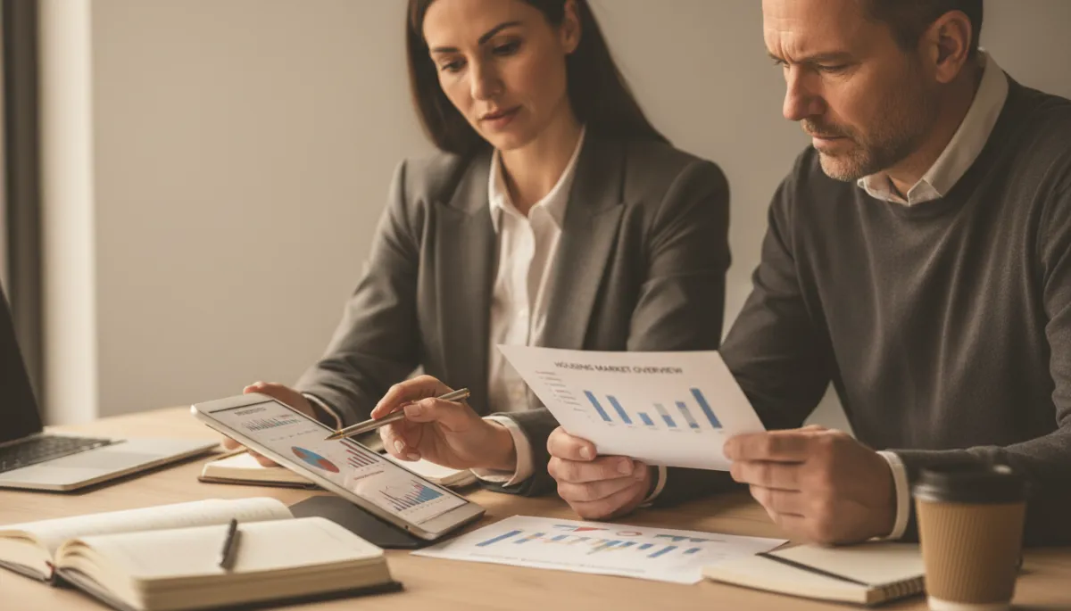 Real estate agent and buyer reviewing Cincinnati housing market charts Real estate agent and buyer reviewing Cincinnati housing market charts
