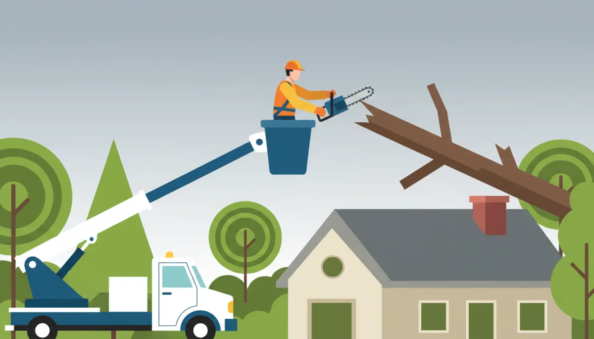 Arborist trimming a broken tree limb away from a home roof