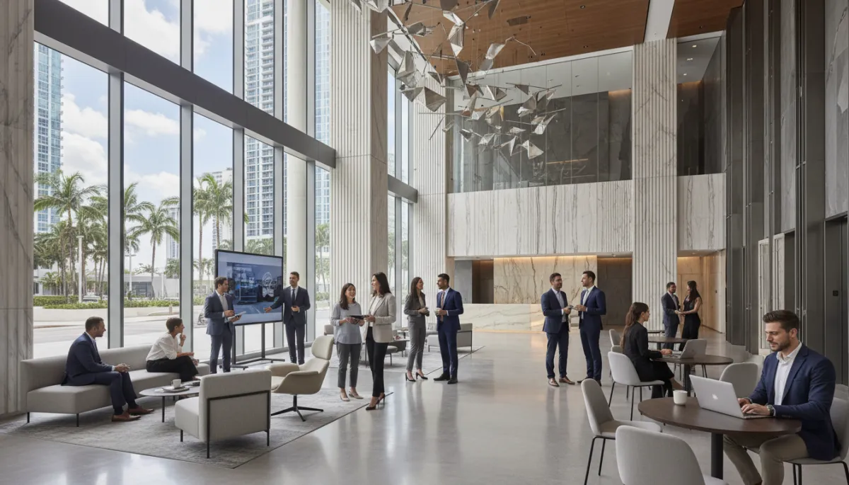 Profesionales trabajando y haciendo networking en un edificio de oficinas moderno en Miami