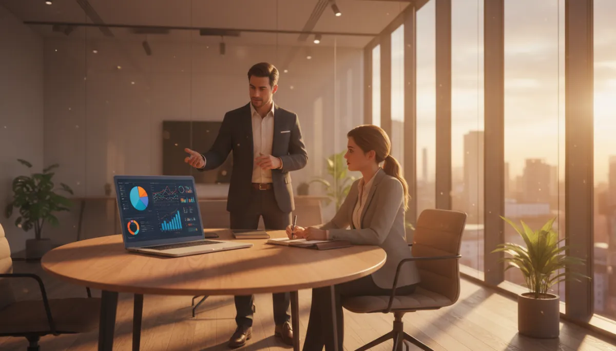 photorealistic warm-toned scene of two business professionals in a glass-walled meeting room, one pointing at a laptop displaying financial dashboards, the other taking notes on a notepad, late afternoon sunlight creating a professional but relaxed atmosphere
