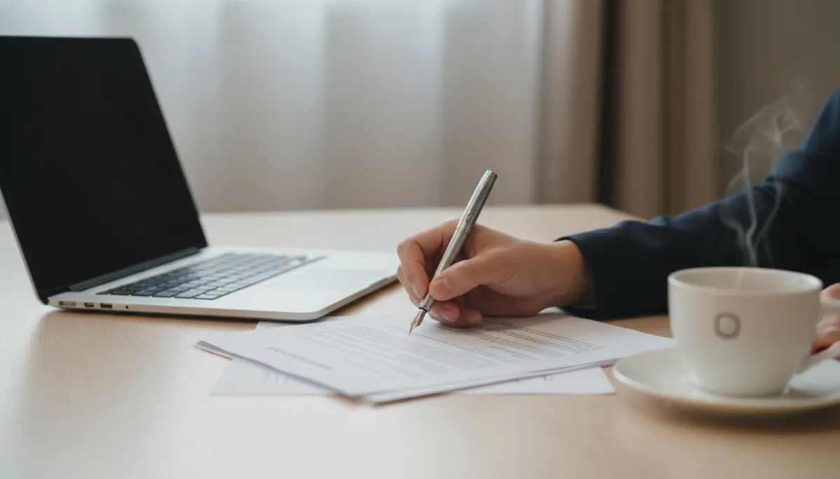 Profesional firmando documentos de constitución de empresa en un escritorio ordenado