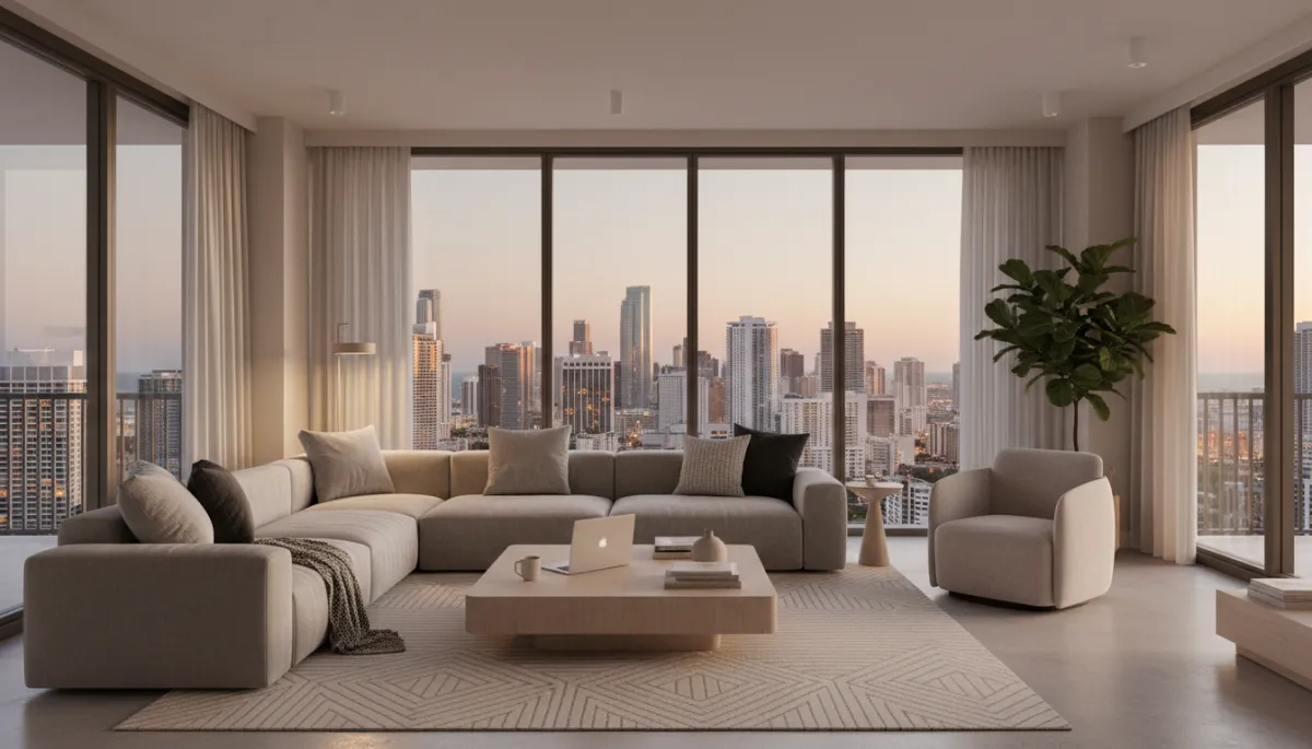 Salón moderno de un apartamento en Miami con vistas a la ciudad