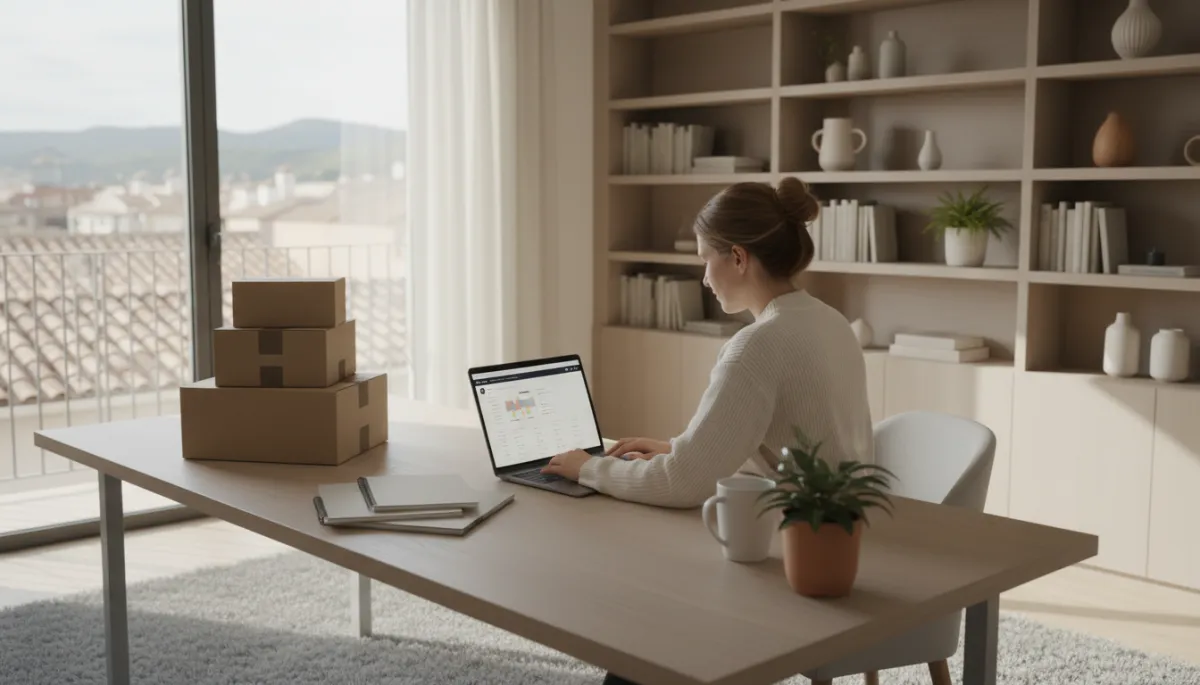 Emprendedor español gestionando su negocio de Amazon USA desde un despacho en casa