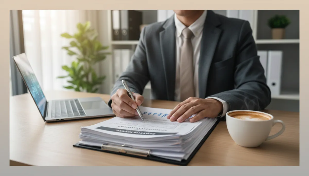 Empresario revisando y firmando documentación de inversión para un negocio en Estados Unidos