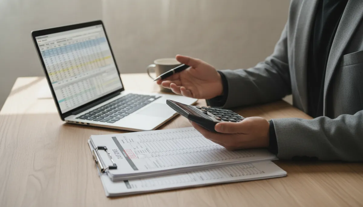 Asesor financiero trabajando con documentación tributaria y ordenador portátil