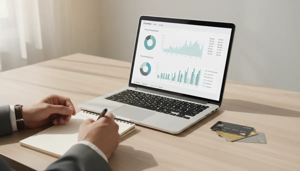 Tarjetas y portátil utilizados para gestionar cuentas empresariales en línea