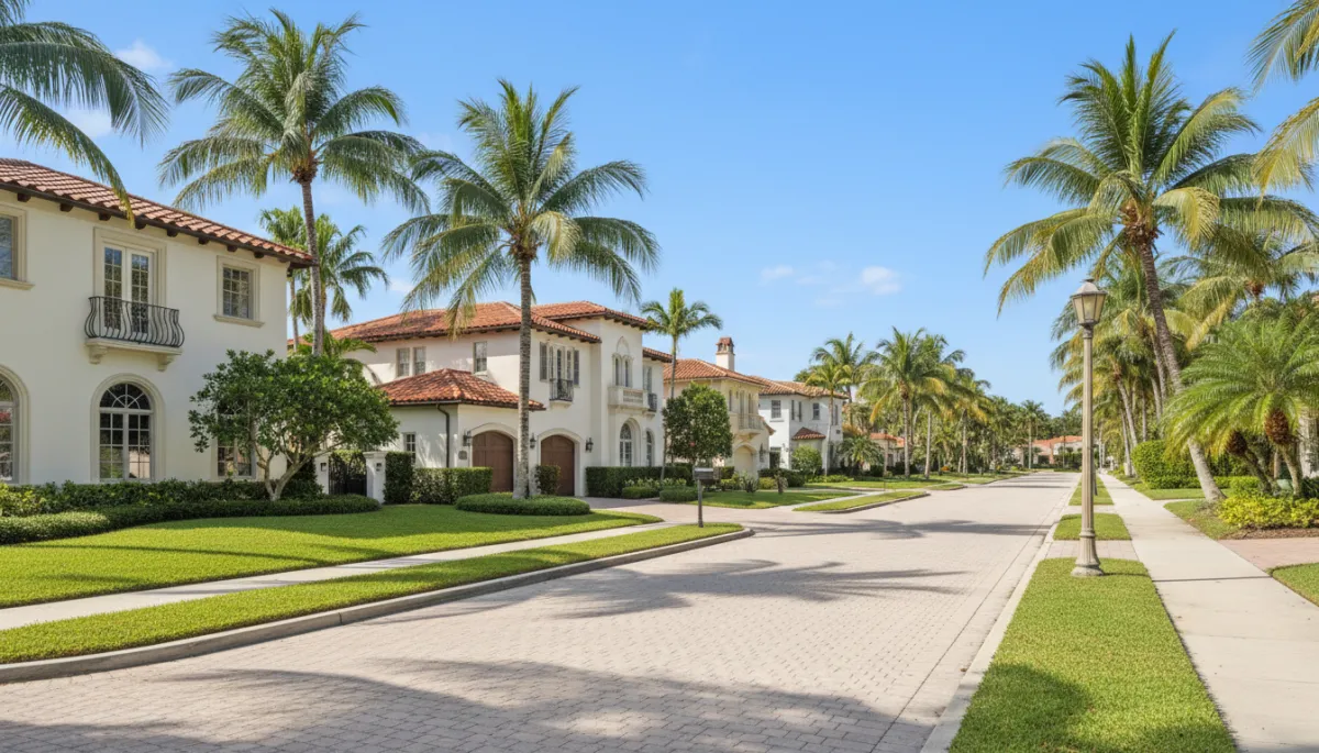 Calle residencial arbolada en Coral Gables con casas de estilo mediterráneo