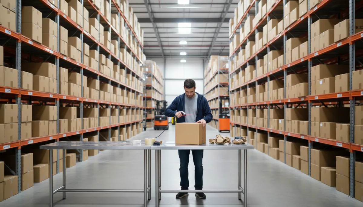 Centro logístico con estanterías y preparación de pedidos para ecommerce