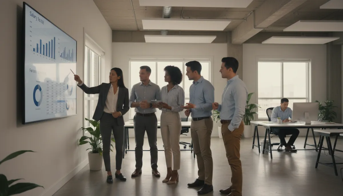 Equipo diverso de profesionales analizando datos salariales y poder adquisitivo en una oficina de Estados Unidos