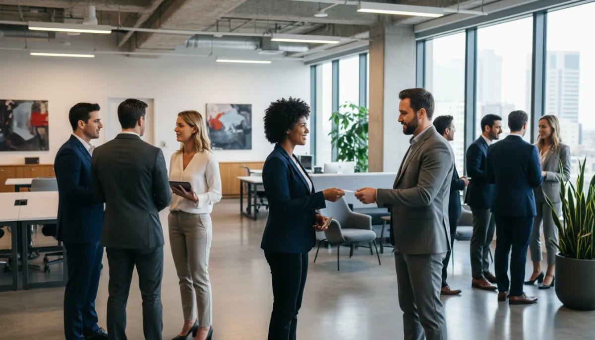 Equipo diverso de profesionales haciendo networking en una oficina moderna en Estados Unidos