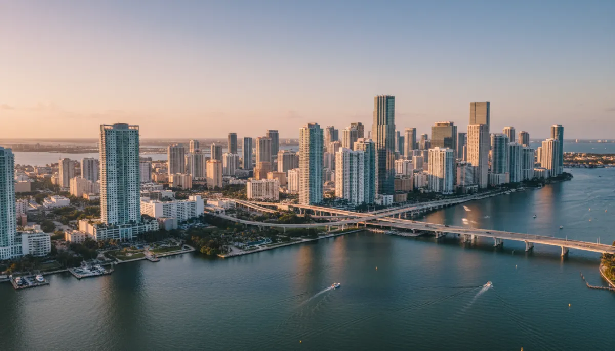 photorealistic aerial view of Miami Brickell skyline and downtown waterfront at golden hour, high-rise glass towers, calm bay water, neutral cinematic tones, clear sky, subtle reflections on buildings