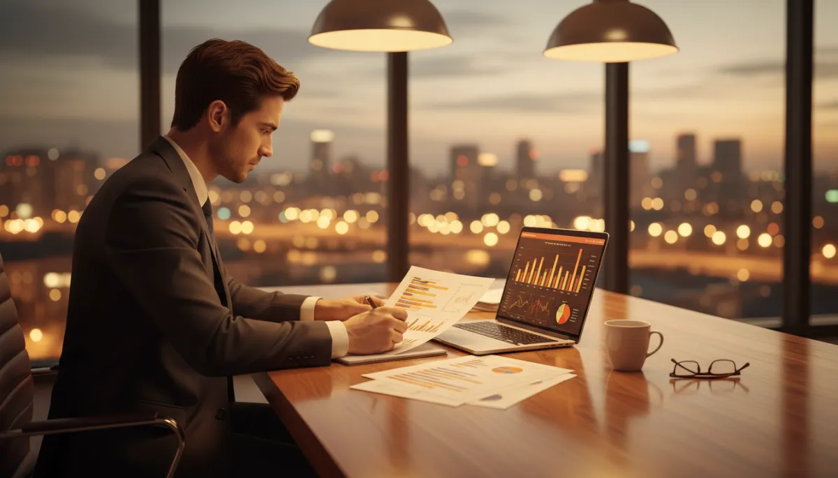 photorealistic warm-toned scene of a financial professional at a modern wooden desk reviewing printed financial statements and a laptop screen with charts, soft warm office lighting, blurred city view through large window in the background