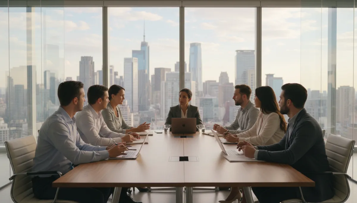 photorealistic editorial scene of a modern American open-plan office with glass walls, diverse group of professionals in a meeting around a large table, city skyline in the background, neutral color palette and natural daylight, no visible logos or text