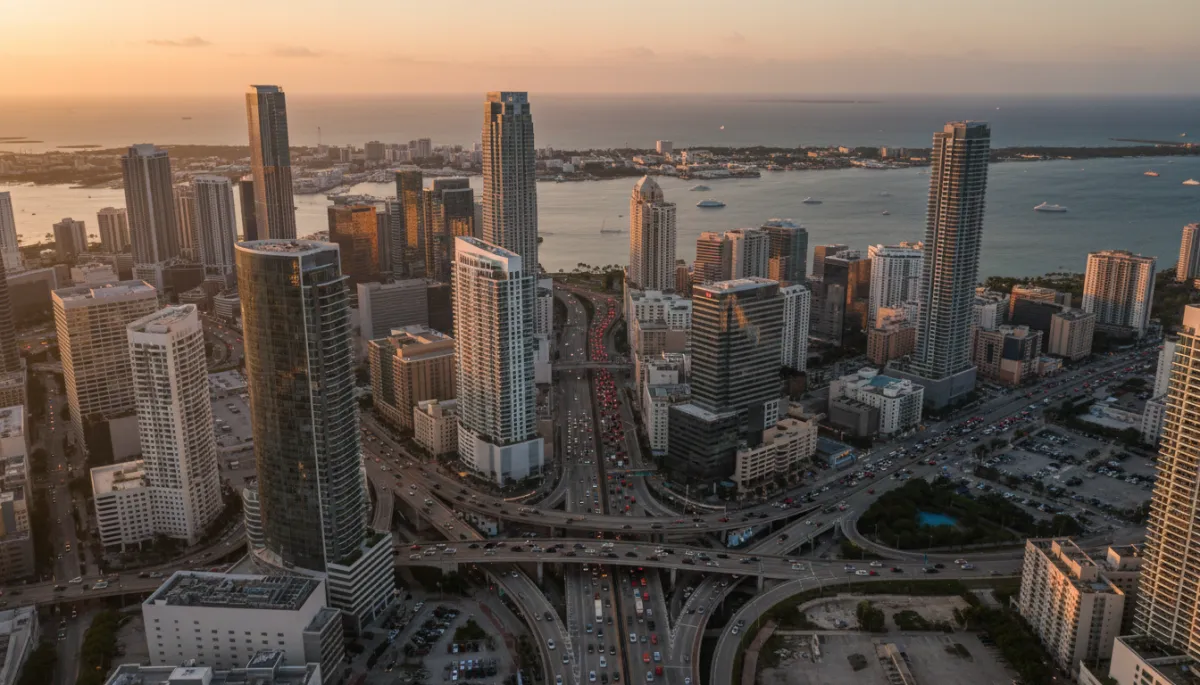 photorealistic aerial view of Miami Brickell financial district at sunset, modern glass towers, busy streets with cars, Biscayne Bay in background, business city vibe, neutral tones