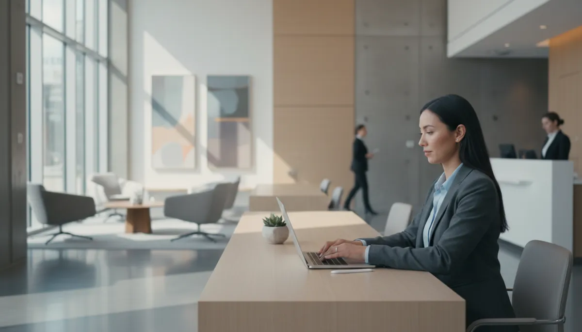 photorealistic editorial scene of a modern US bank interior with a business professional using a laptop at a clean desk, neutral colors, soft daylight, no visible logos or text