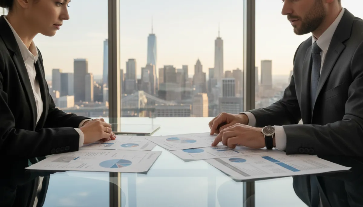 photorealistic neutral-tone scene of two business professionals in a modern US boardroom reviewing business structure documents on a glass table, large windows with city skyline in background, professional attire, no visible text or logos