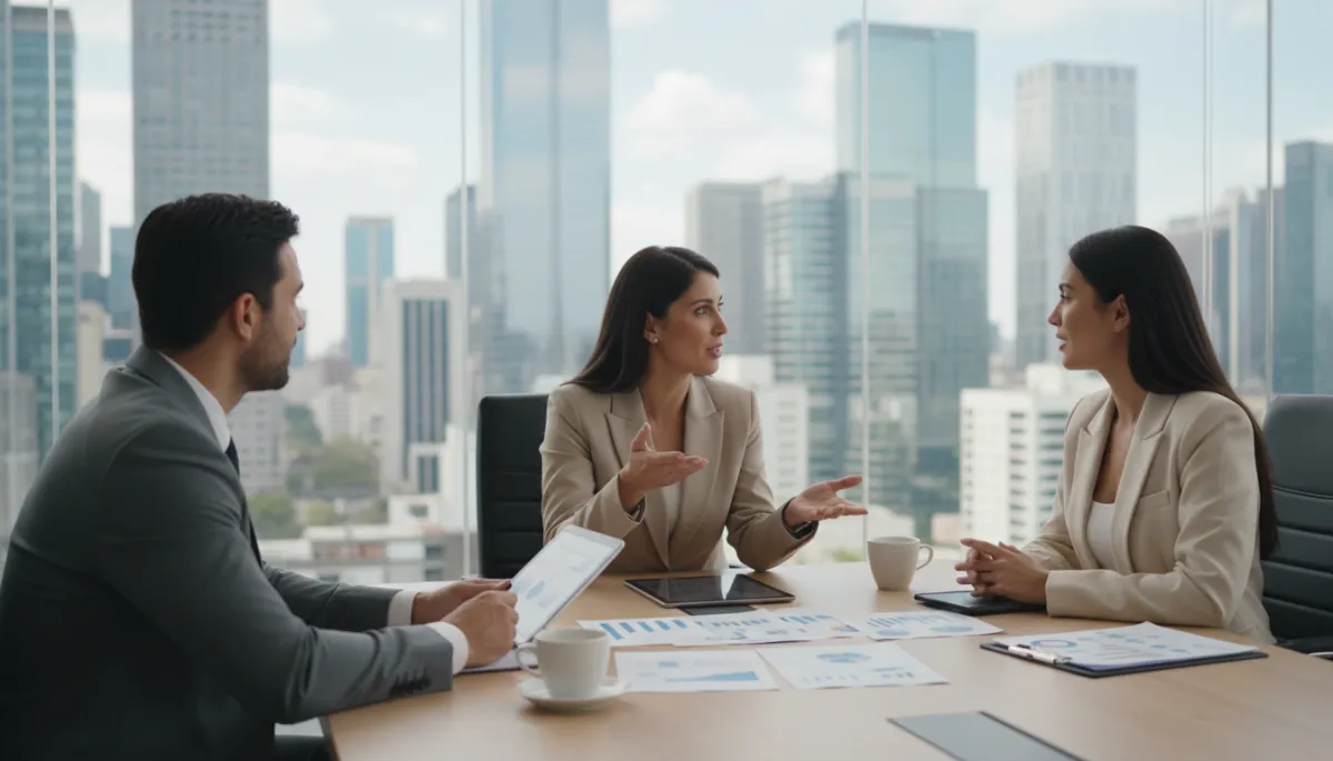 photorealistic editorial scene of a Spanish-speaking entrepreneur meeting with partners in a modern glass-walled office in a US business district, neutral color palette, natural light, business documents on the table, city skyline in the background