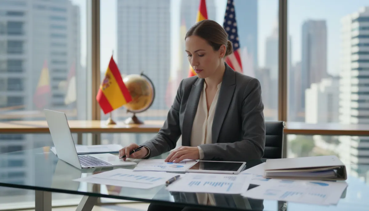 photorealistic editorial scene of a professional in a modern glass-walled office reviewing financial and tax documents on a desk, with a subtle globe and the flags of Spain and the United States blurred in the background, neutral color palette, daylight